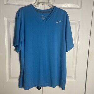Nike Dri Fit T Shirt Men Extra Large Blue V Neck Short Sleeve‎ Gray Swoosh Logo